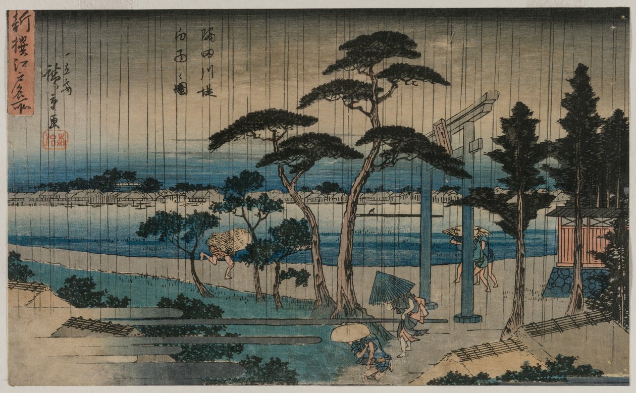 Bild på lätt regn på stranden av Sumidafloden, från serien A New Selection of Famous Places in Edo av Utagawa Hiroshige
