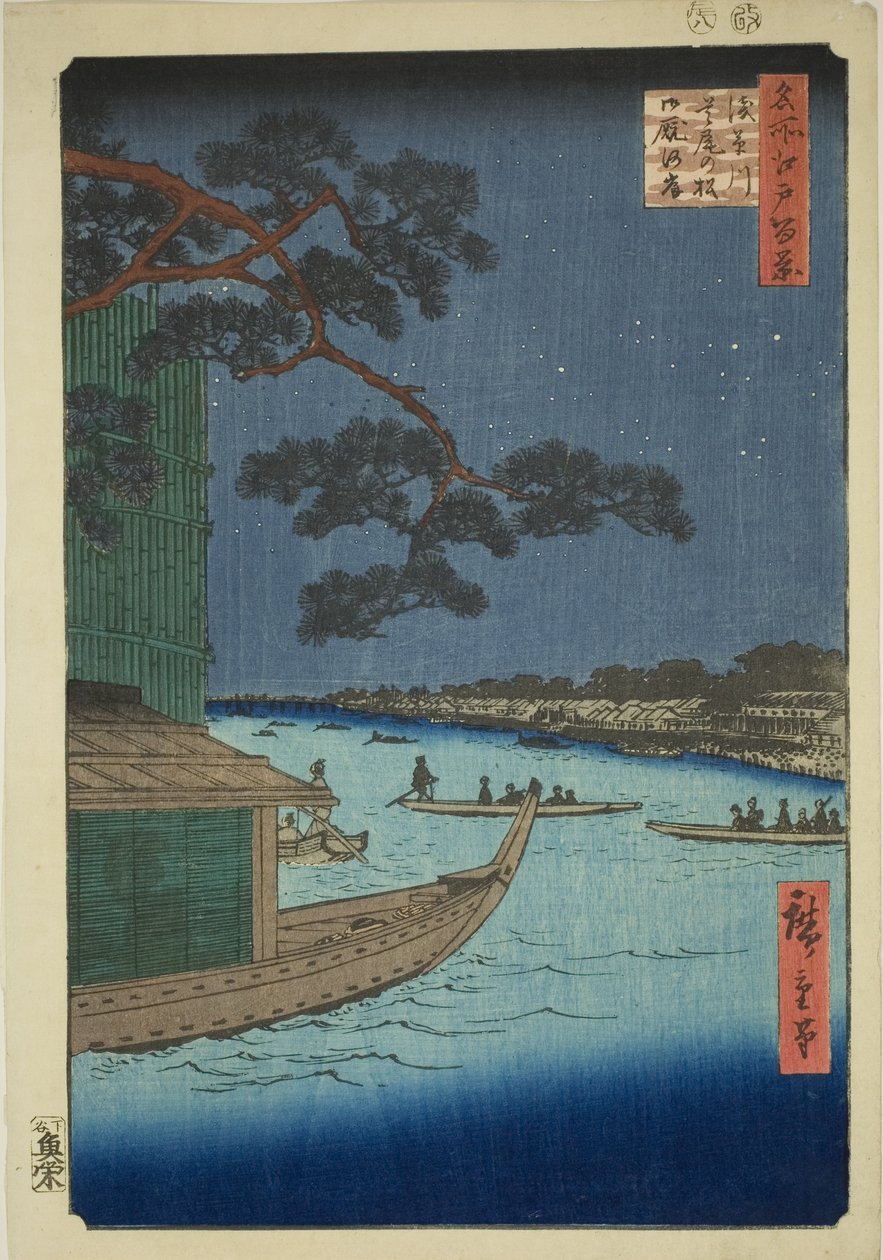 Pine f Sutto s Plan d Mtable, Asakusa River (Asakusa River försvar tallhästar och svält), Hundra vyer över Edo)” av Utagawa Hiroshige