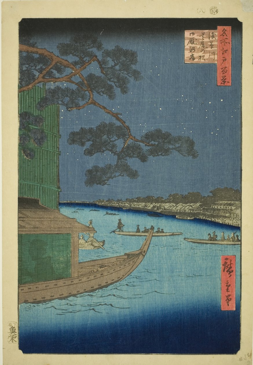 Pine f Sutto s Plan d Umaya, Asakusa River (Asakusa River försvar tallhästar och svält), Hundra vyer över Edo)” av Utagawa Hiroshige