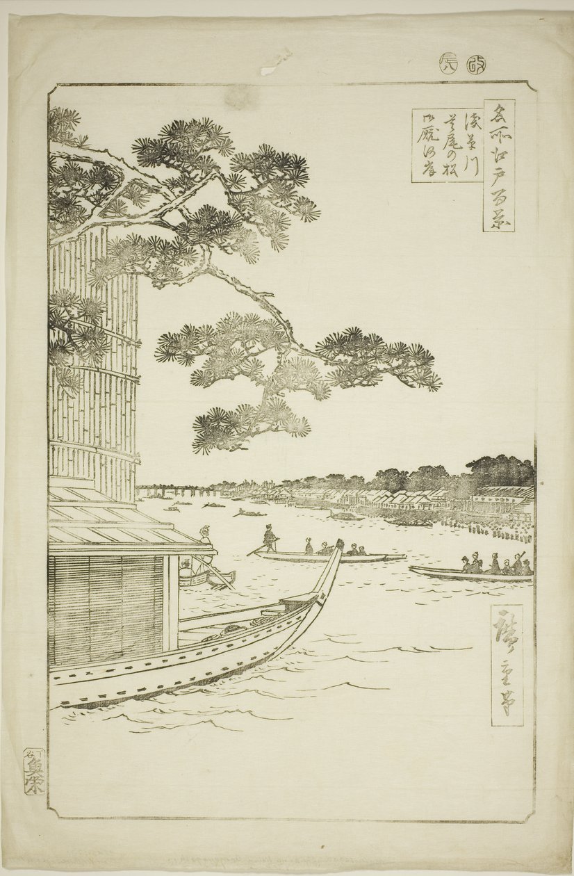 Pine f Sutto s Plan d Umaya, Asakusa River (Asakusa River försvar tallhästar och svält), Hundra vyer av Edo)" av Utagawa Hiroshige