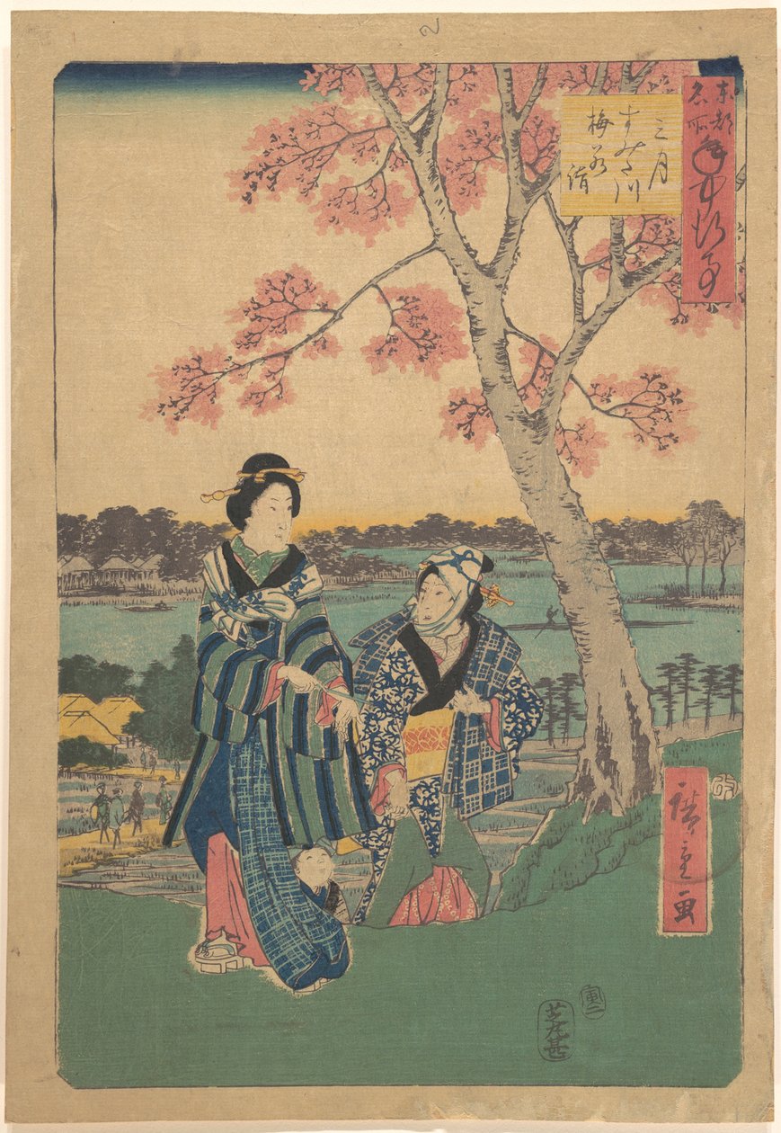 Beskådande av plommonblomning under den tredje månaden vid Sumidafloden, ur serien Årliga händelser på berömda platser i den östra huvudstaden (Tōto meisho nenjū gyōji sangatsu sumitagawa waka mōde) av Utagawa Hiroshige