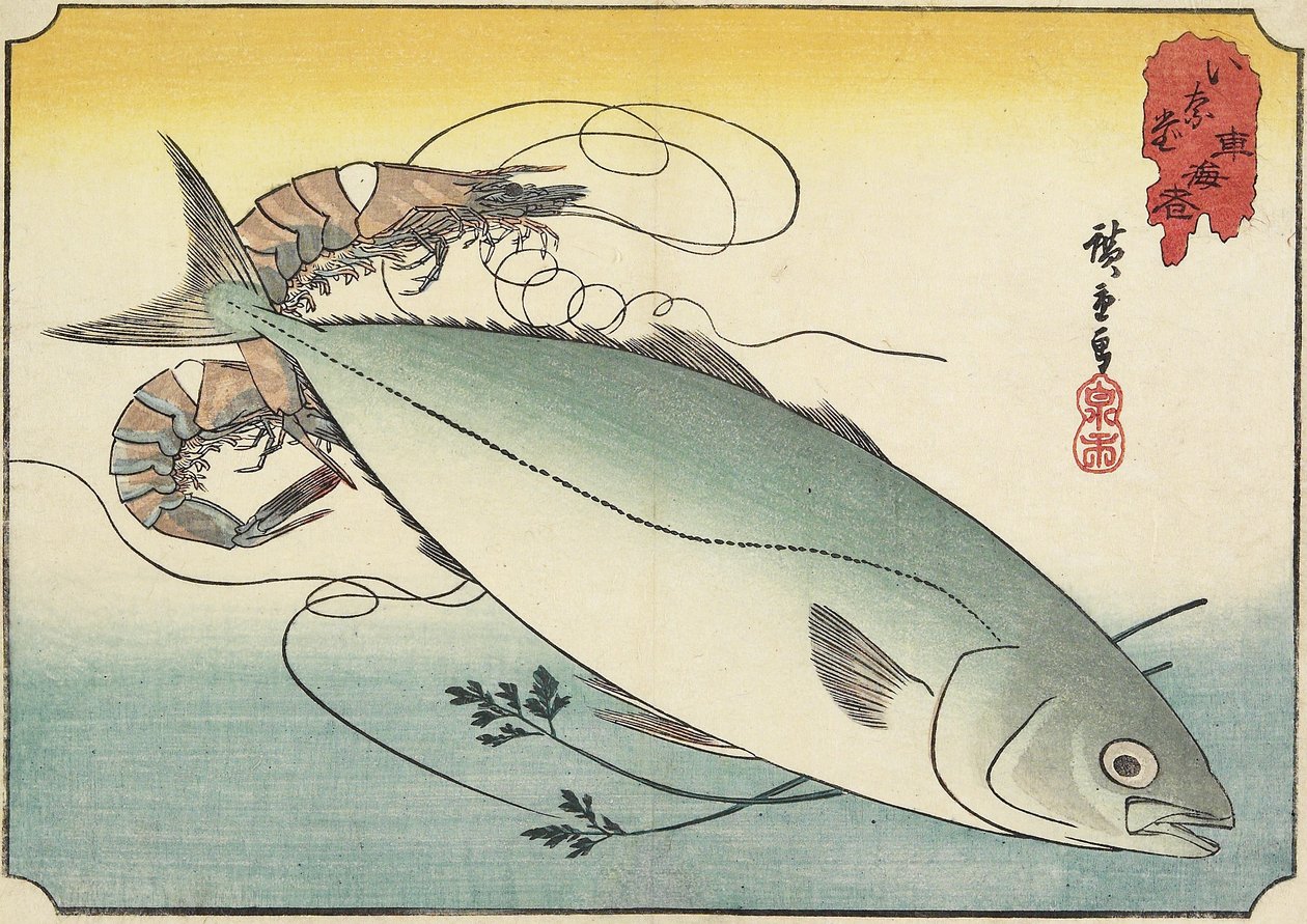 Räkor och gul svans, tidigt 1800-tal av Utagawa Hiroshige