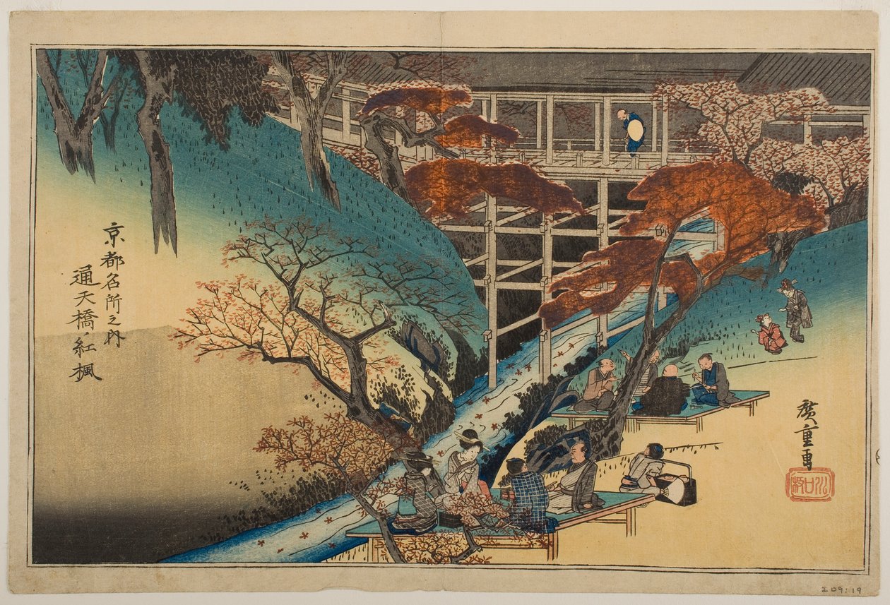 Röda lönnar vid Tsūten-bron, ur serien ”Berömda platser i Kyōto” av Utagawa Hiroshige