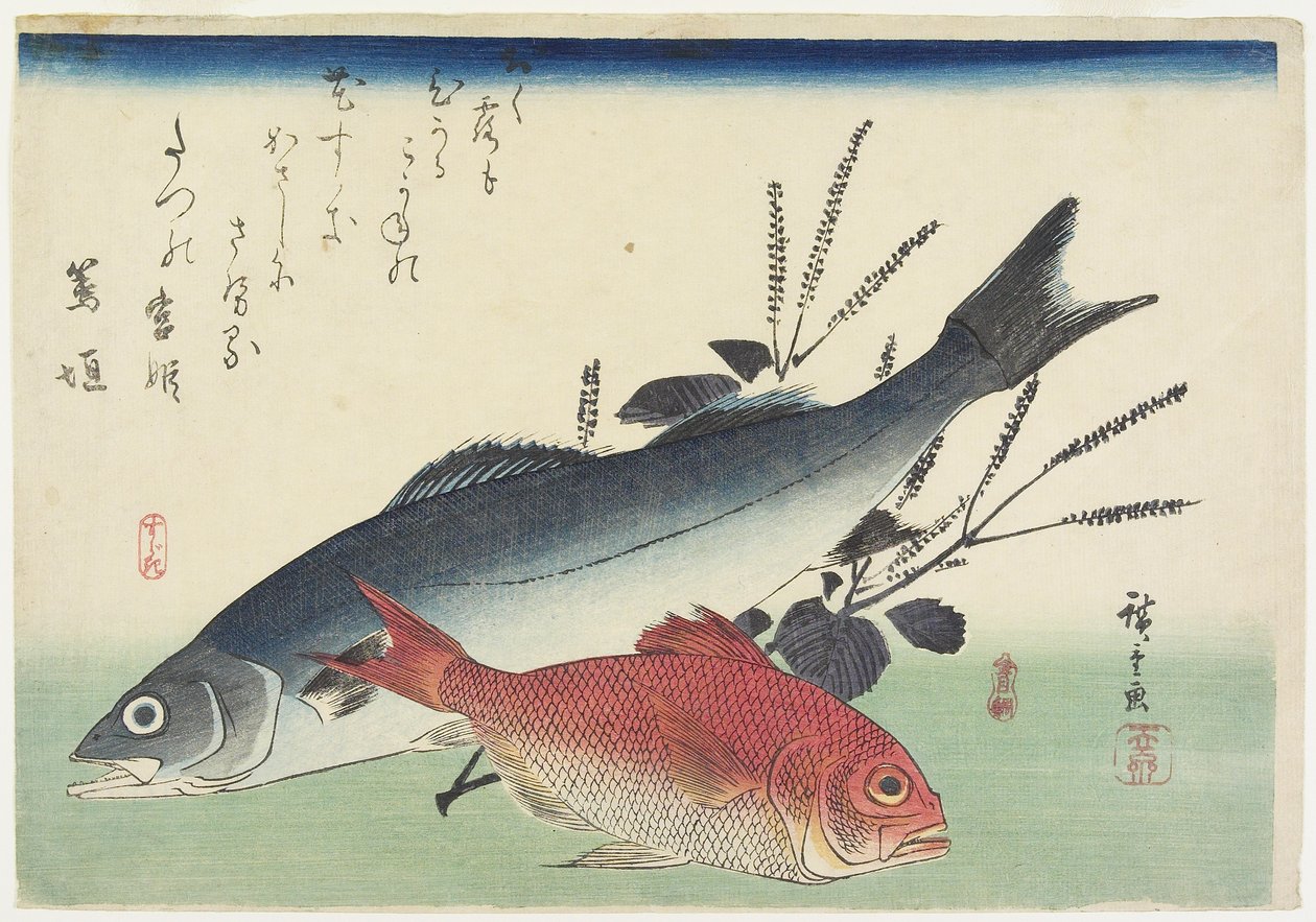 Red Snapper, havsabborre och Perilla, ca. 1840 av Utagawa Hiroshige