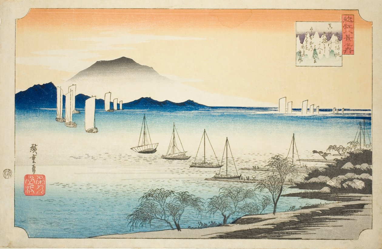 Retsu r Ning Sails at Yabase (Yabase no Kihan), från serien "Eight ws of Omi" av Utagawa Hiroshige