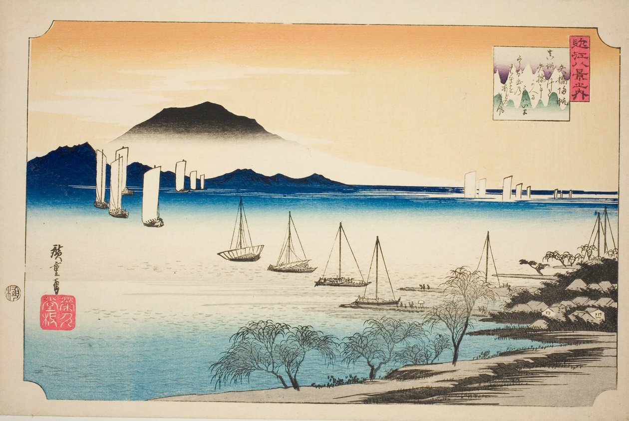 Retsu r Ning Sails at Yabase (Yabase no Kihan), från serien "Eight ws of Omi" av Utagawa Hiroshige