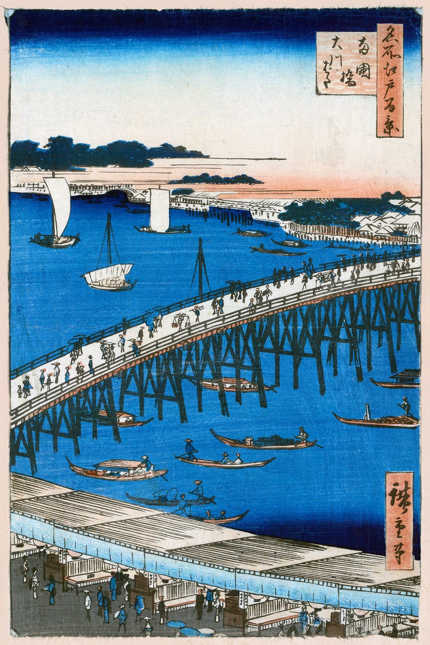 Flodbanken vid Ryogoku Bridge Hundra berömda utsikter över Edo, 1856-1858. av Utagawa Hiroshige