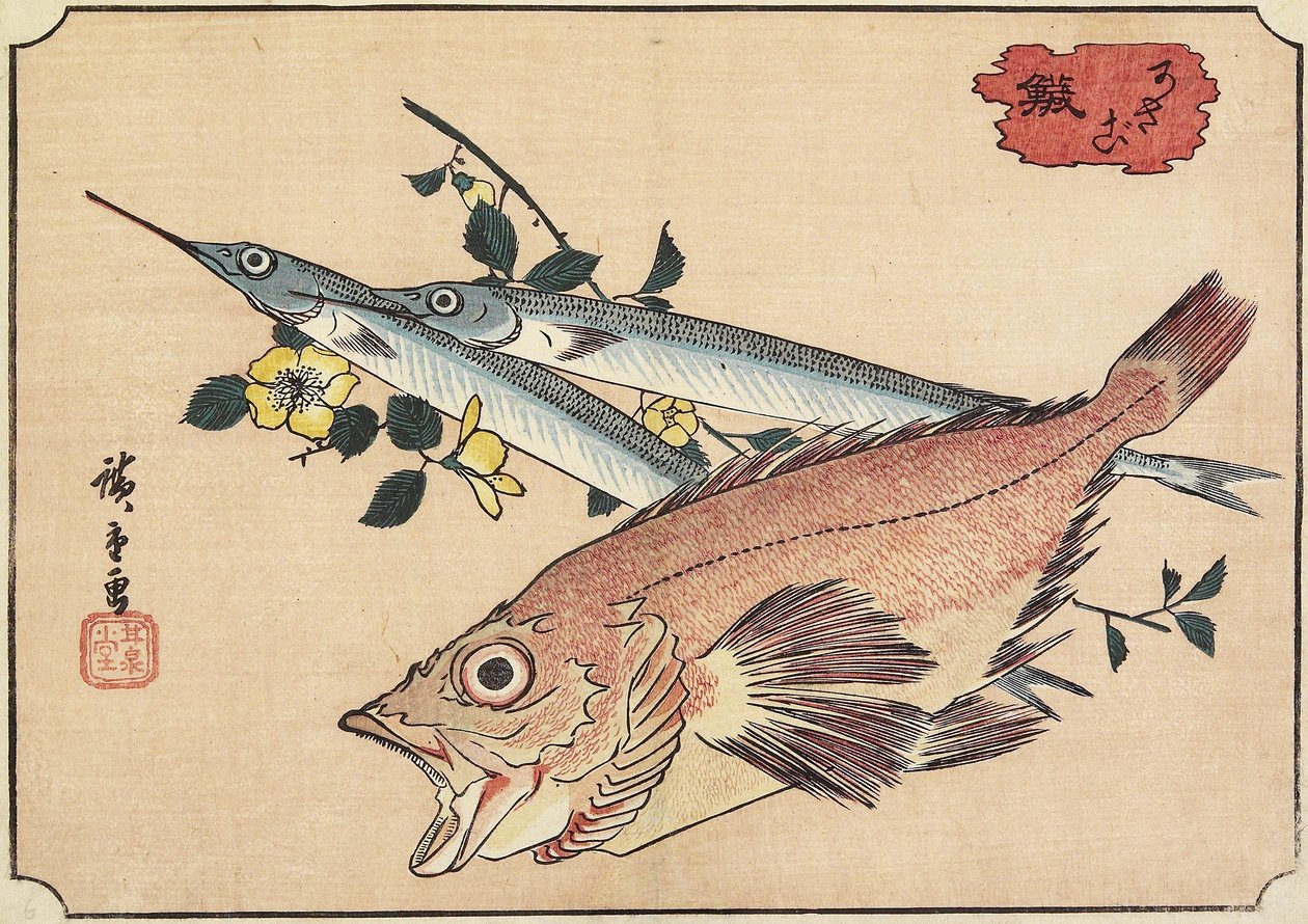 Rockfish and Halfbeak, tidigt 1800-tal av Utagawa Hiroshige