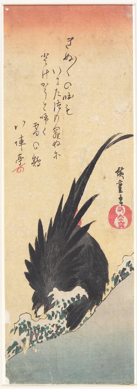 En tupp på en snötäckt sluttning av Utagawa Hiroshige
