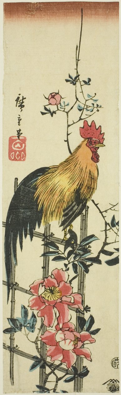 Tupp uppflugen på ros spaljé av Utagawa Hiroshige