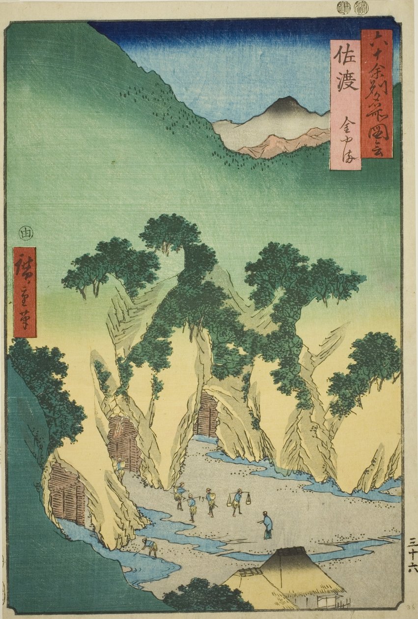 Sado Province: Gold Mines (Sado, Kinzan), från serien "Famous Places in the Sexty-odd Provinces (Rokujuyoshu meisho zue)" av Utagawa Hiroshige