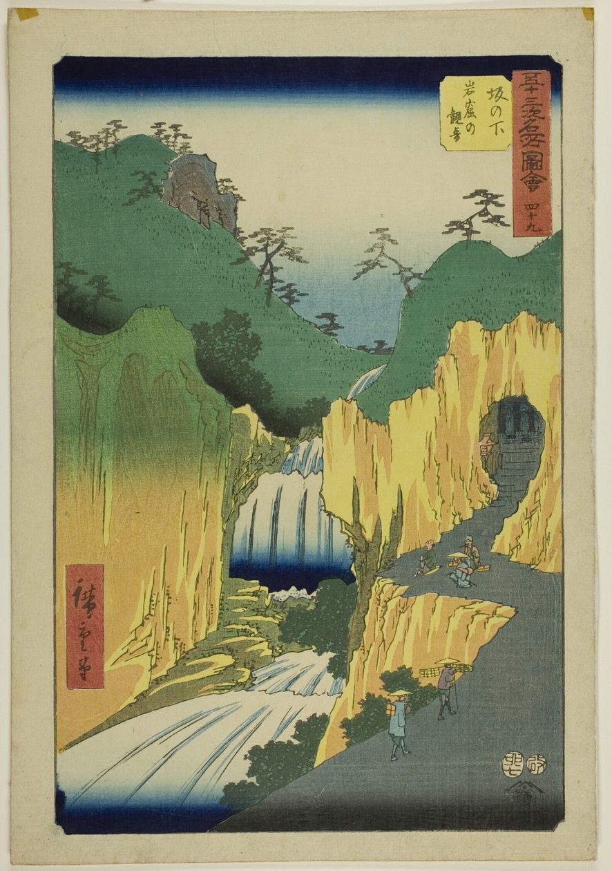 Sakanoshita: Kannon i grottan (Sakanoshita, Gankutsu no Kannon), nr. 49 från serien "Berömda sevärdheter på de femtiotre stationerna (Gojusan tsugi meisho zue)", även känd som den vertikala Tokaido av Utagawa Hiroshige