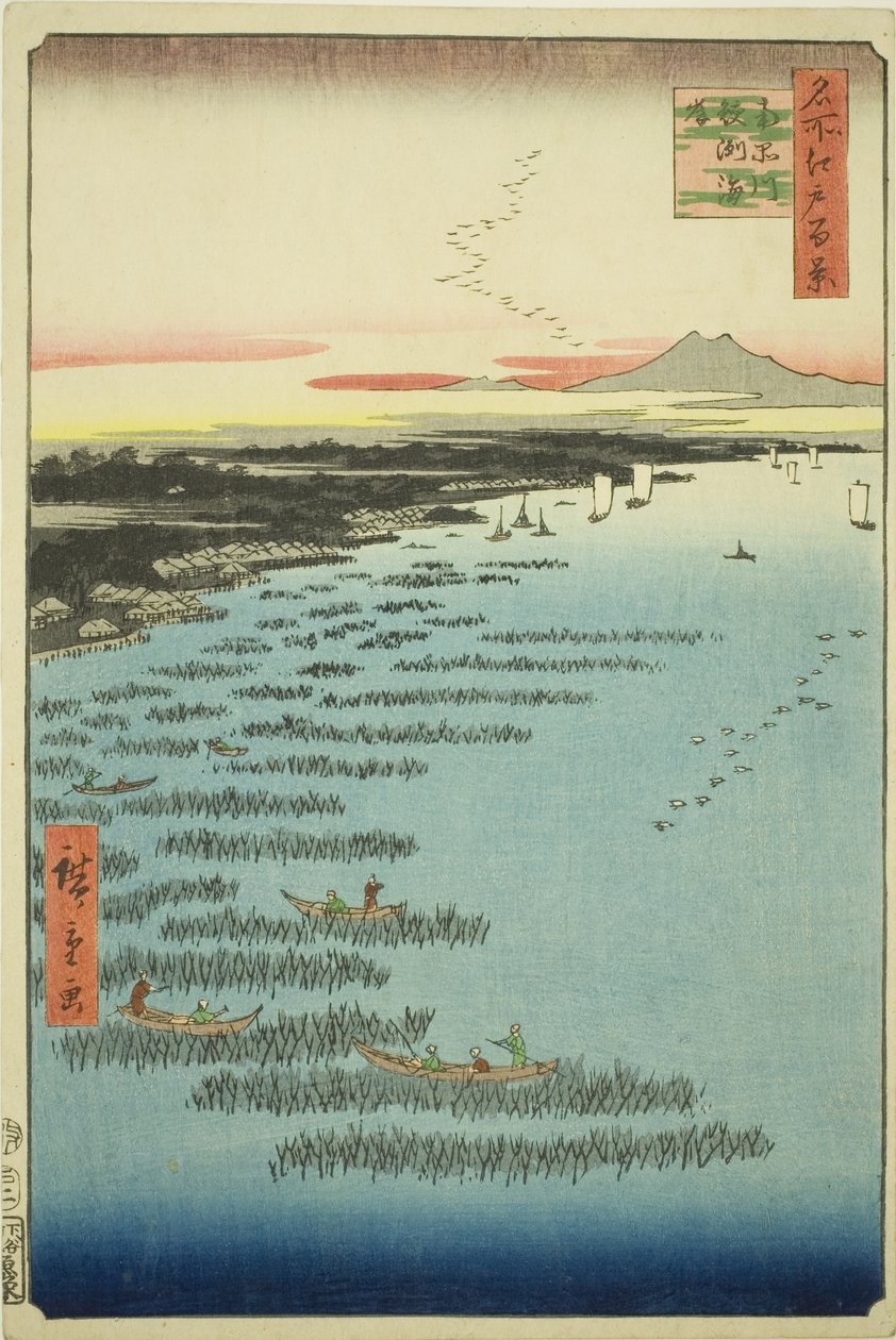 Samezu core st members th Shinagawa (södra Shinagawa Samezu kusten), från serien "Ridge d re d f s views f Edo (känd plats 100 views of Edo)" av Utagawa Hiroshige