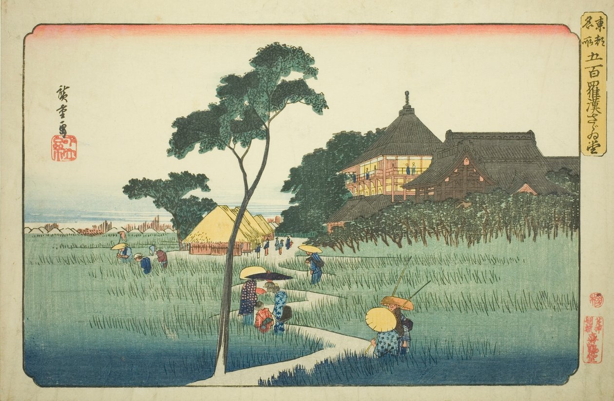 Sazai Hall vid Temple of the Five Hundred Arhats (Gohyaku rakan Sazaido), från serien "Famous Places in the Eastern Capital (Toto meisho)" av Utagawa Hiroshige