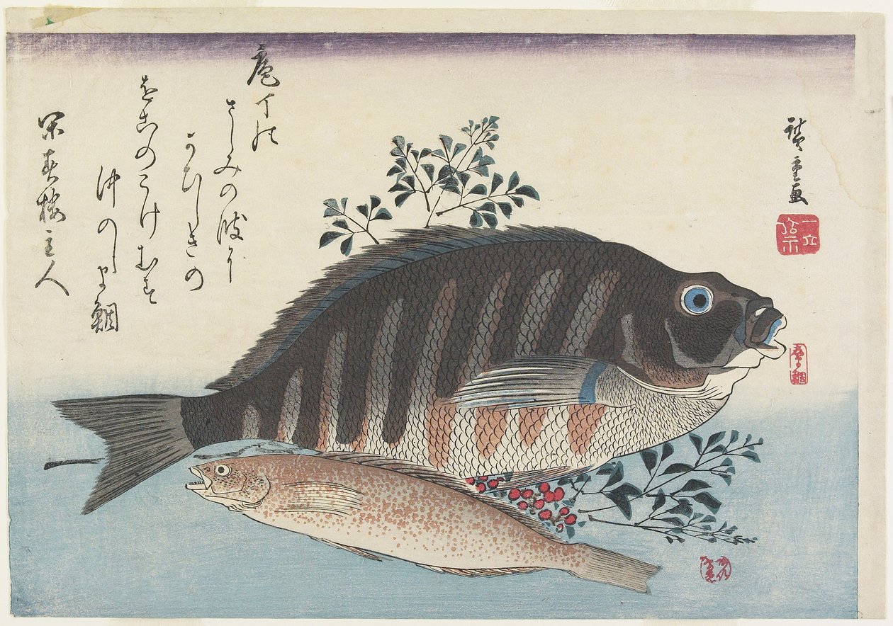 Braxen, sötfisk och Nandina grenar, ca. 1840 av Utagawa Hiroshige
