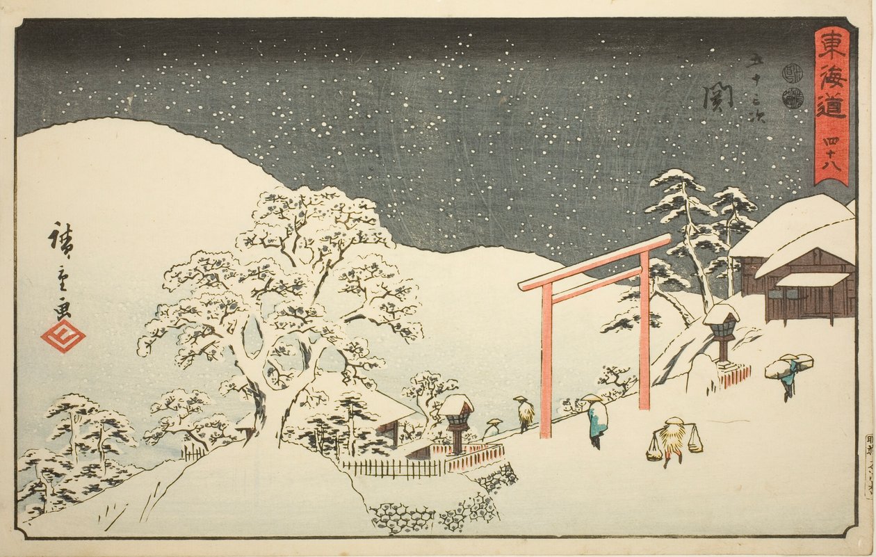 Seki—Nej. 48, från serien "Fifty-three Stations of the Tokaido (Tokaido gojusan tsugi)," även känd som Reisho Tokaido av Utagawa Hiroshige