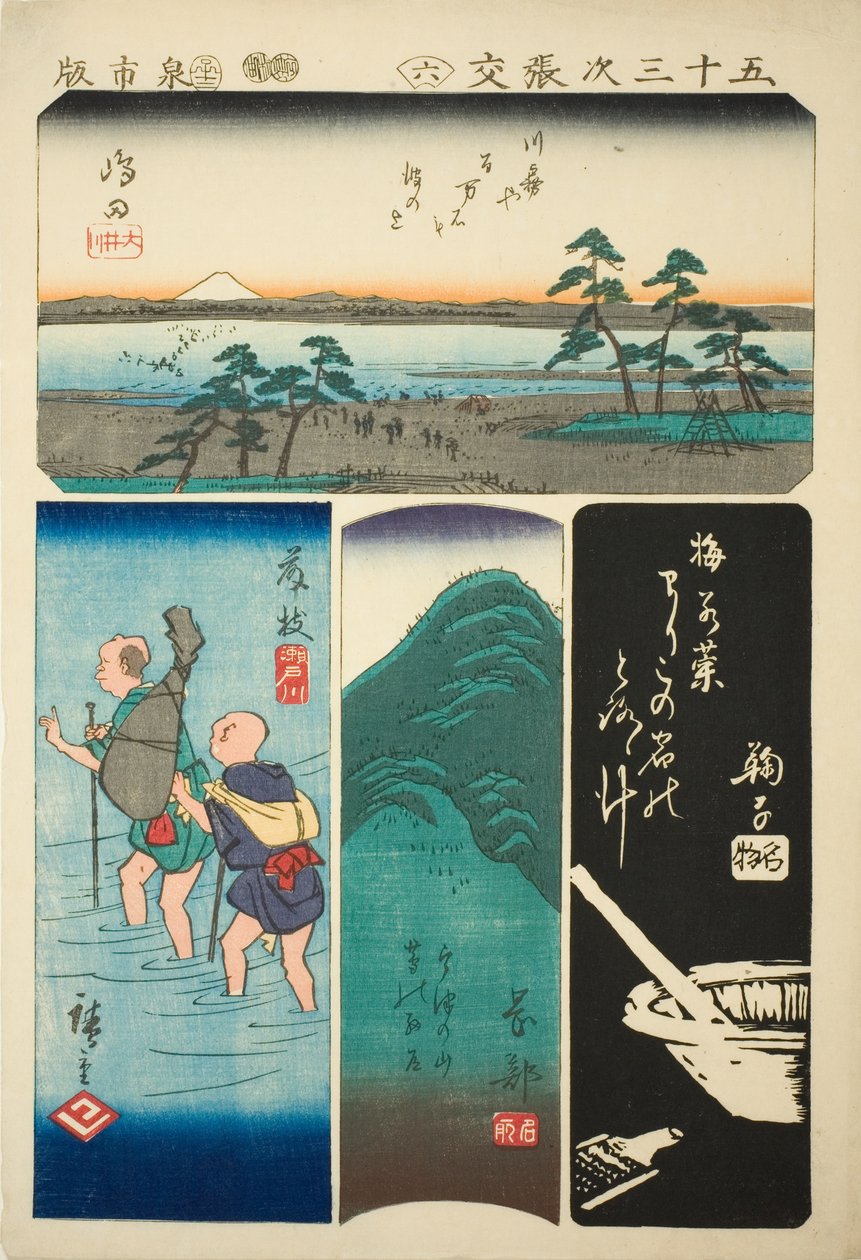 Shimada, Fujieda, Okabe och Mariko, nej. 6 från serien "Cutouts of the Fifty-three Stations (Gojusan tsugi harimaze)" av Utagawa Hiroshige