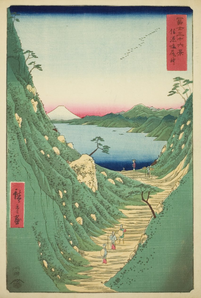 Shiojiri Pass i Shinano-provinsen (Shinano Shiojiri toge), från serien "Trettiosex utsikter över berget Fuji (Fuji sanjurokkei)" av Utagawa Hiroshige