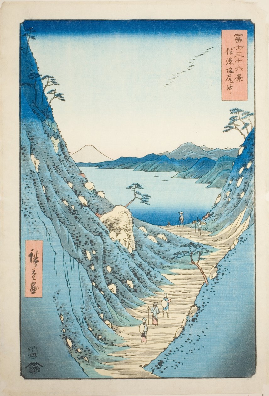 Shiojiri Pass i Shinano-provinsen (Shinano Shiojiri toge), från serien "Trettiosex utsikter över berget Fuji (Fuji sanjurokkei)" av Utagawa Hiroshige