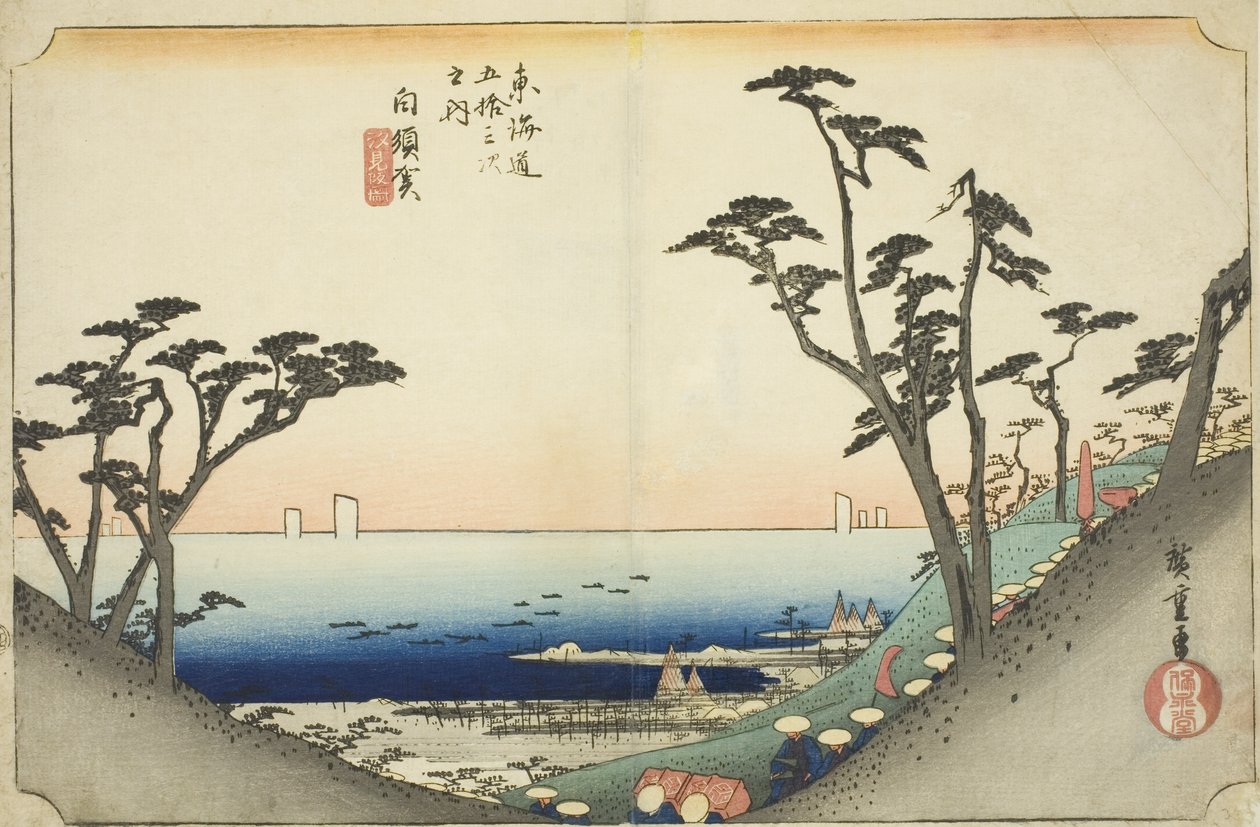 Shirasuka: View of Shiomi Slope (Shirasuka, Shiomizaka zu), från serien "Fifty-three Stations of the Tokaido (Tokaido gojusan tsugi no uchi)," även känd som Hoeido Tokaido av Utagawa Hiroshige