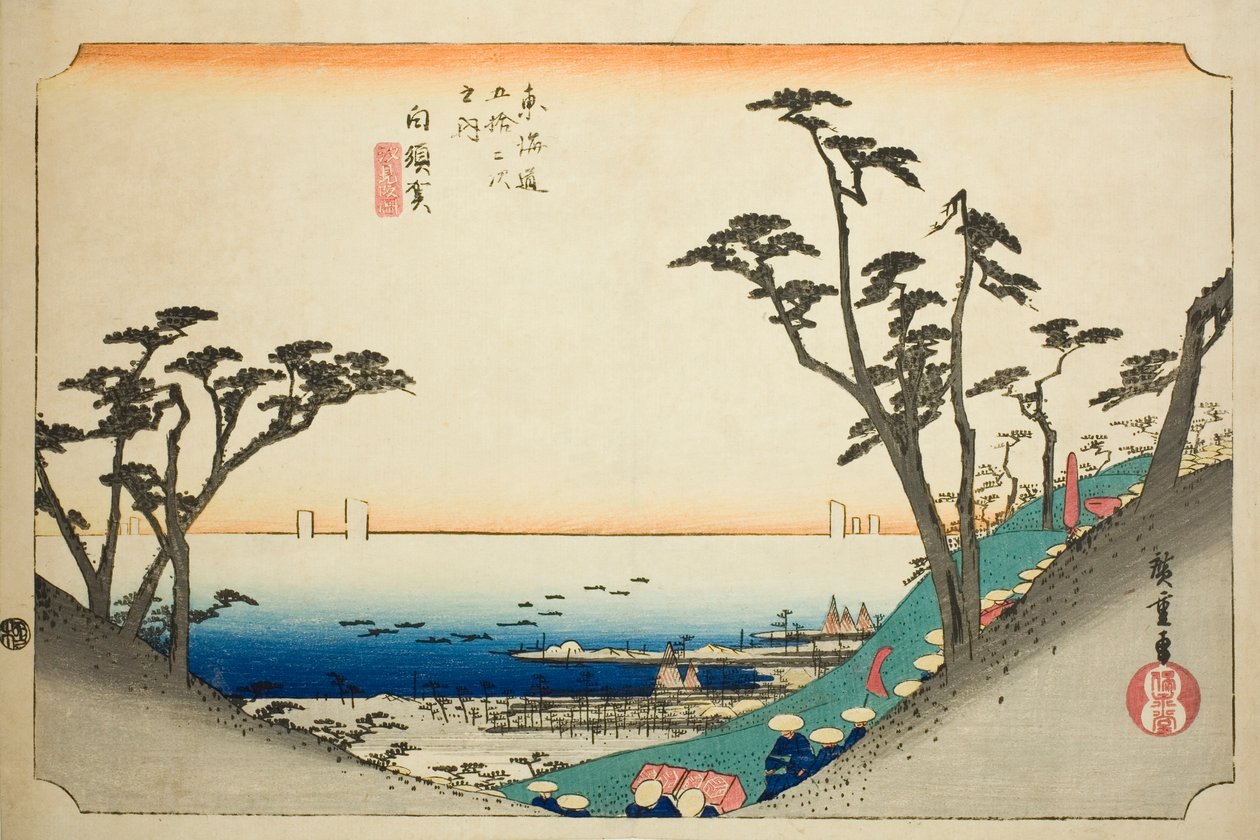 Shirasuka: View of Shiomi Slope (Shirasuka, Shiomizaka zu), från serien "Fifty-three Stations of the Tokaido (Tokaido gojusan tsugi no uchi)," även känd som Hoeido Tokaido av Utagawa Hiroshige