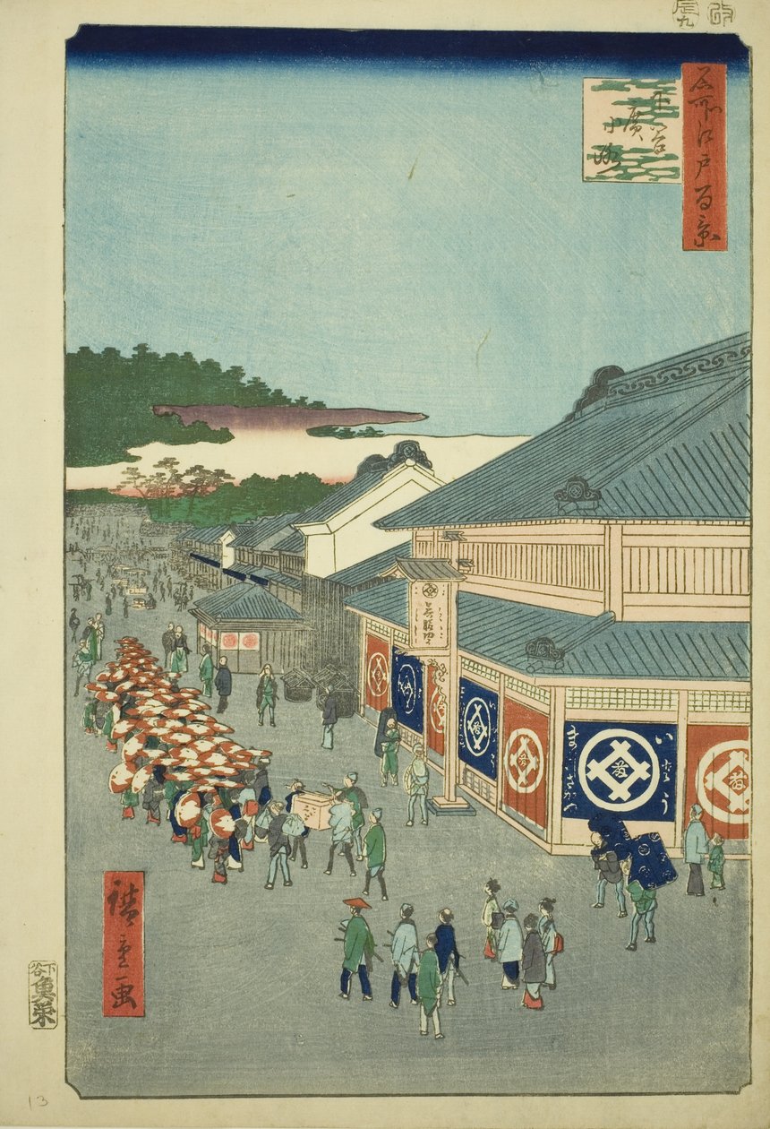 På Shimoya Hirokos tid, från Te-seriens "Ridge dre d fa s vie ws of Edo (One Hundred Famous Views of Edo)" av Utagawa Hiroshige