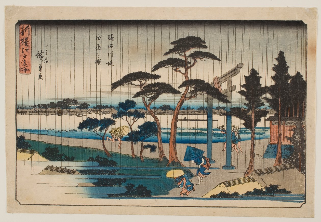 Dusch vid Sumidaflodens strandvall, ur serien ”Nytt urval av berömda platser i Edo” av Utagawa Hiroshige