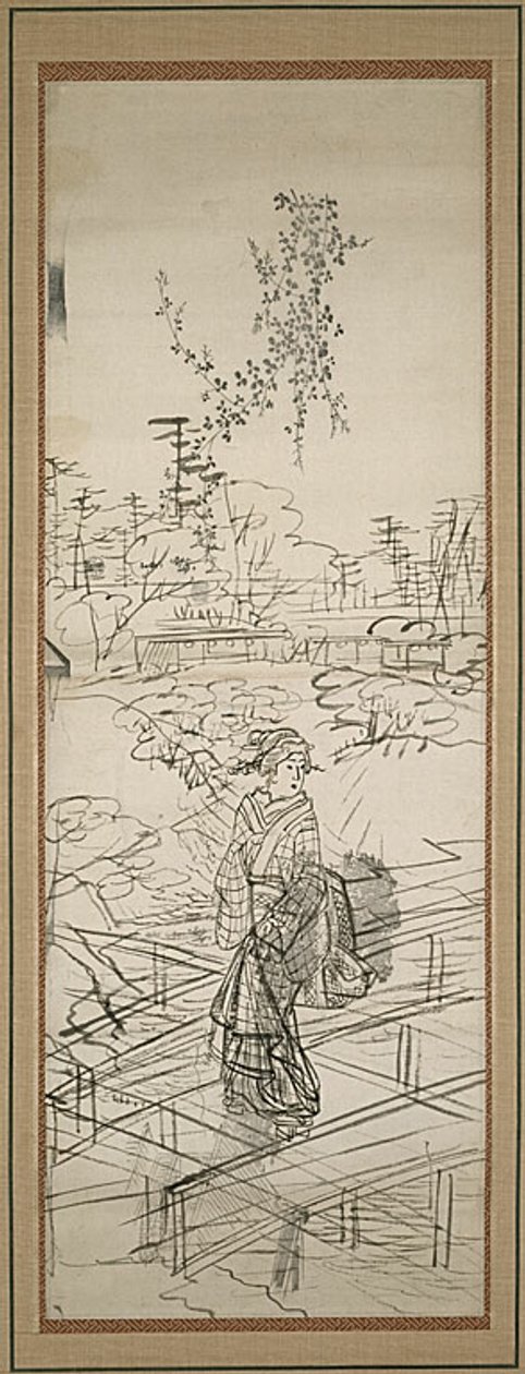 Skiss av kvinna som korsar bro av Utagawa Hiroshige
