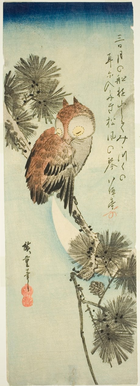 Småhornsuggla, tall och halvmåne av Utagawa Hiroshige