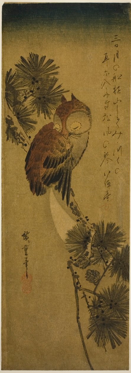 Småhornsuggla, tall och halvmåne av Utagawa Hiroshige