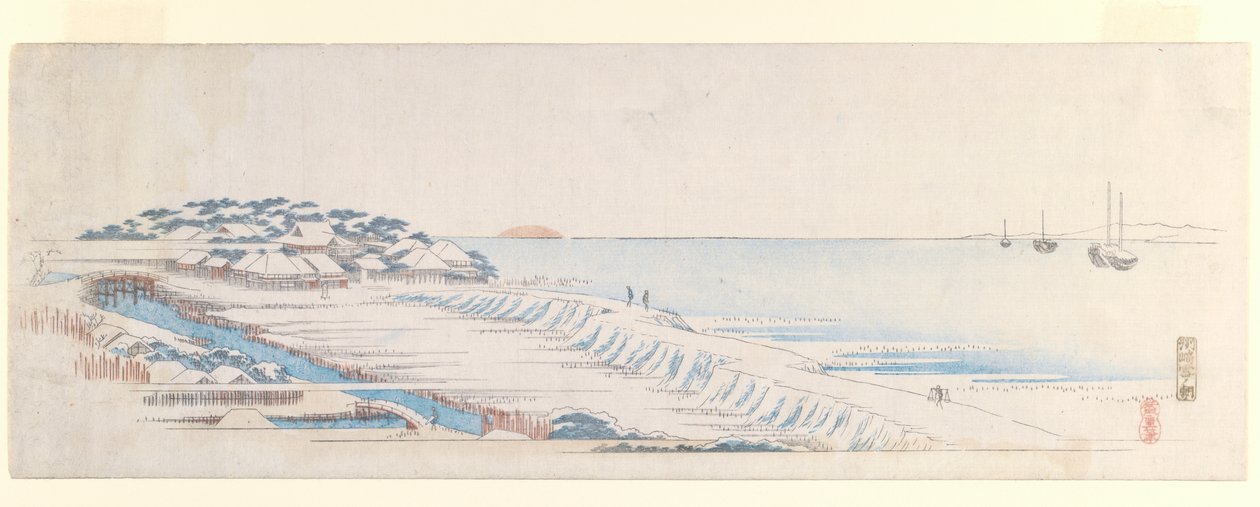 Snow Dawn at Susaki, från Letter-Sheet set, ca 1839-40 (träblock i färg) av Utagawa Hiroshige