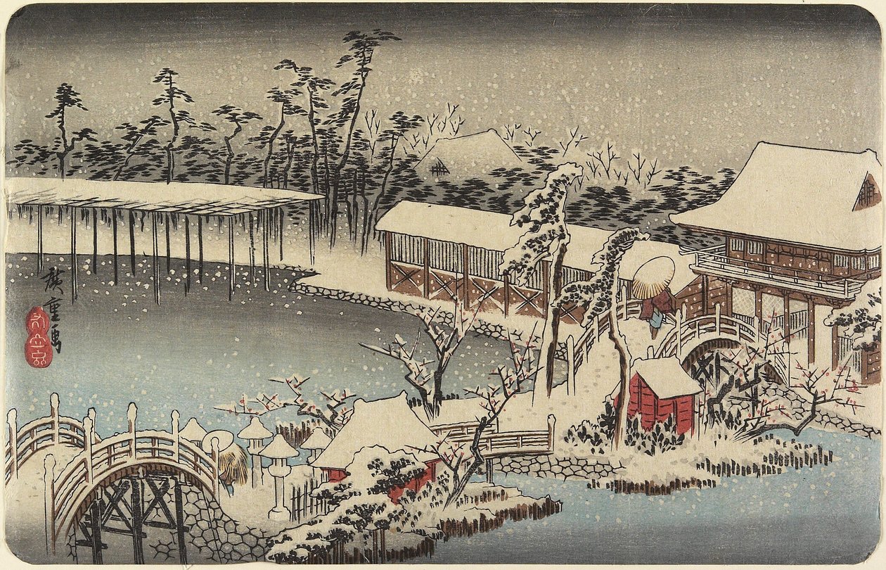 Snö på Shrine Ground of Kameido Tenman, 1832-1834 av Utagawa Hiroshige