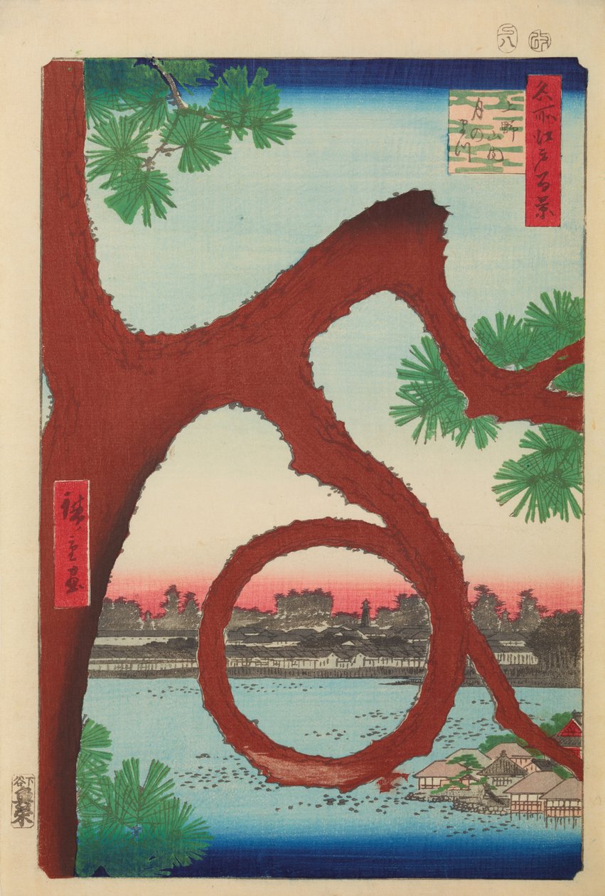 Den måneformade tallen på Ueno-kullen / Ueno sannai Tsuki no matsu, bild 89 i serien: Hundra berömda vyer från Edo / Meisho Edo hyakkei av Utagawa Hiroshige