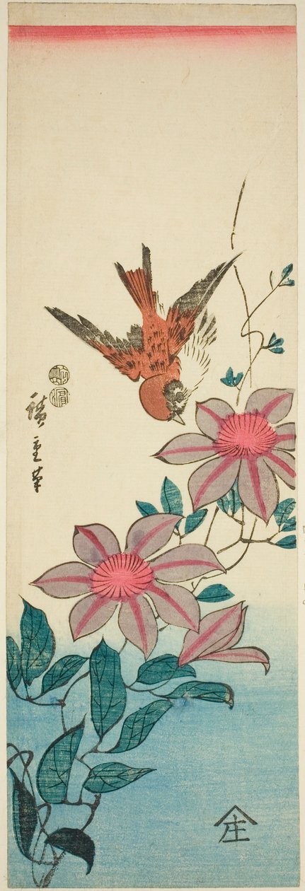 Sparv och klematis av Utagawa Hiroshige