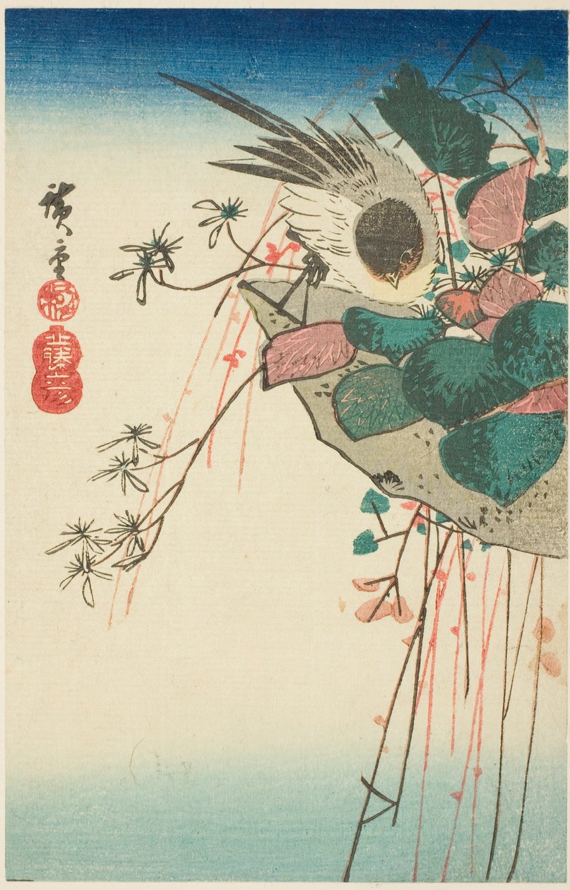 Sparv på en hängande plantering av Utagawa Hiroshige