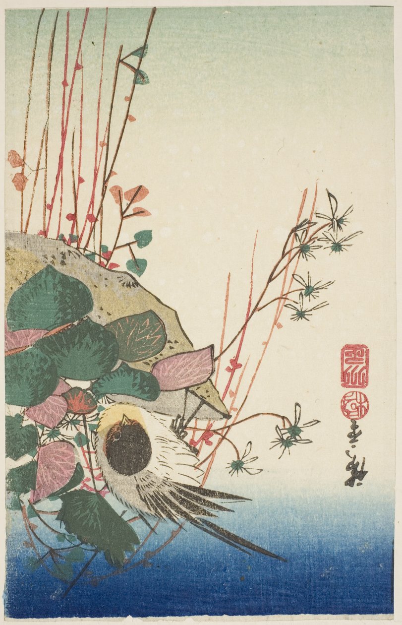 Sparv på en hängande plantering av Utagawa Hiroshige