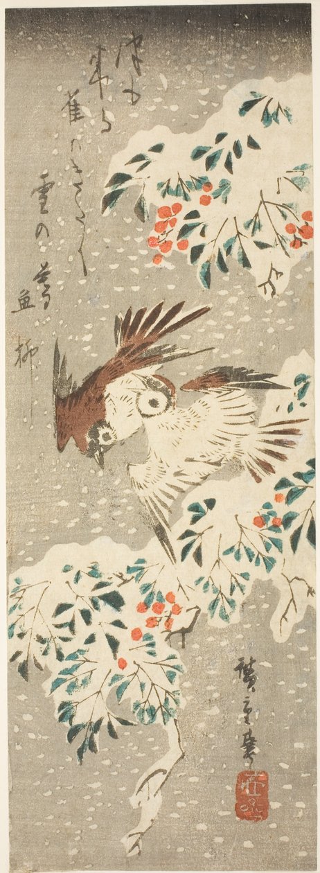 Sparvar fladdrar om snötäckta Nandina när More Snow Falls av Utagawa Hiroshige