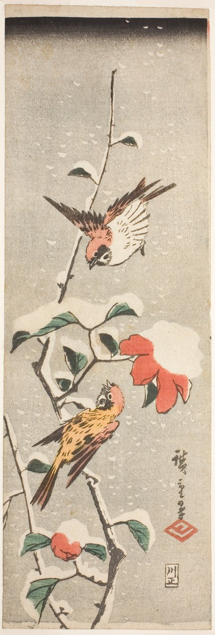Sparvar och kamelia i snö av Utagawa Hiroshige