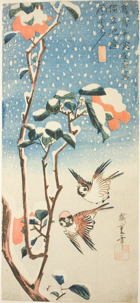 Sparvar och kamelia i snö av Utagawa Hiroshige