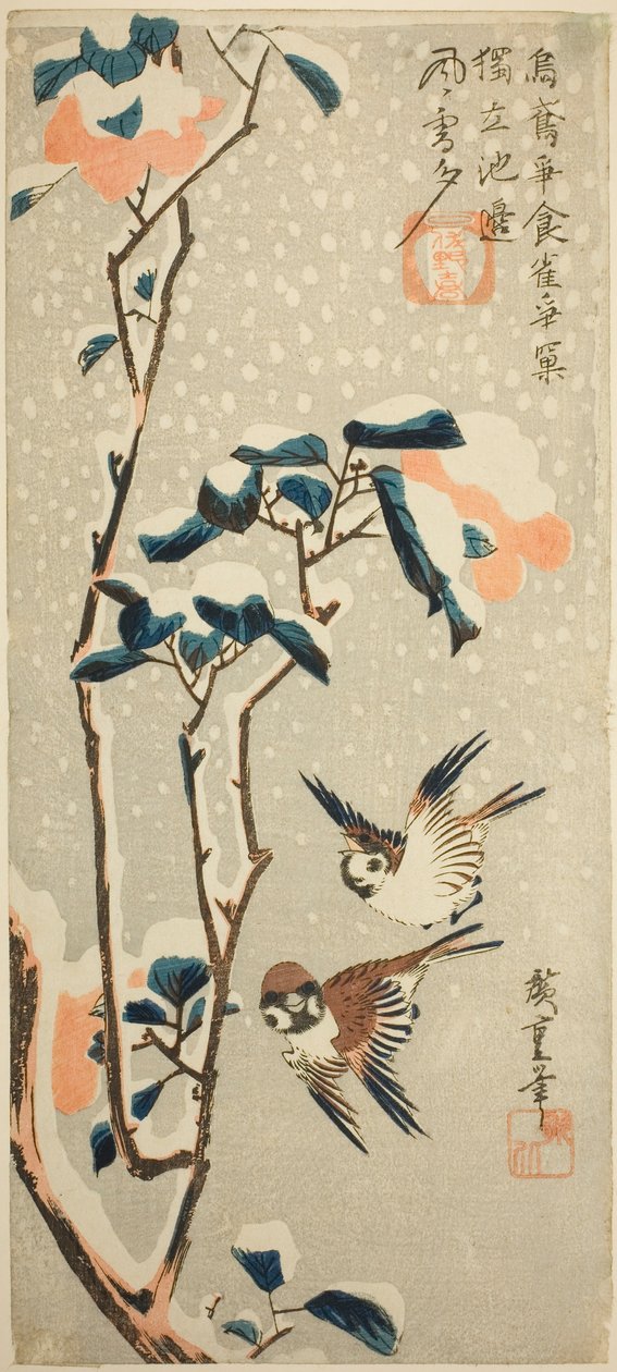 Sparvar och kamelia i snö av Utagawa Hiroshige