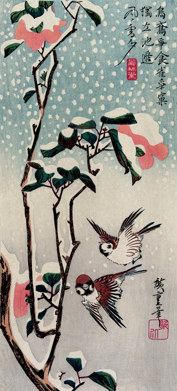 Sparvar och kamelia i snön, 1830-talet. av Utagawa Hiroshige