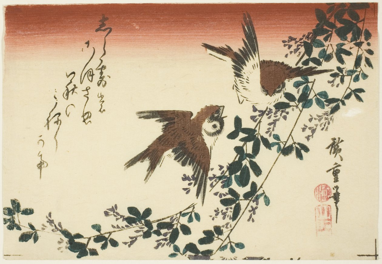 Sparvar och buskklöver av Utagawa Hiroshige