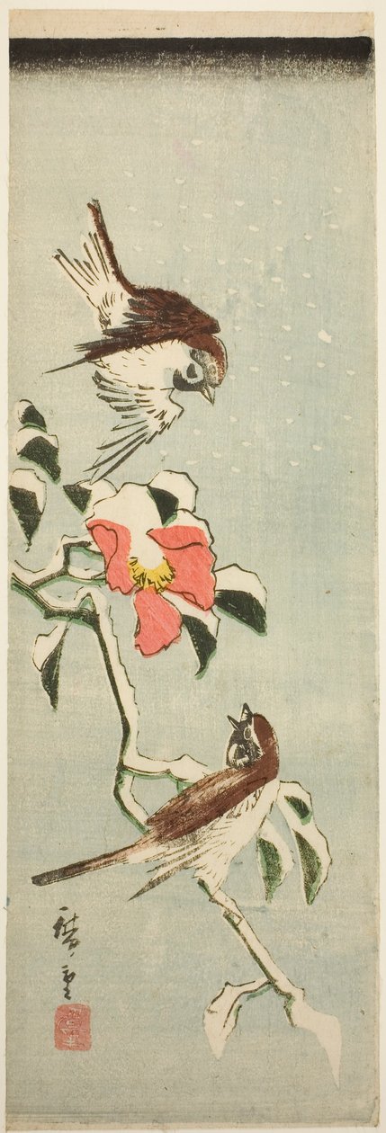 Sparvar och kamelia i snö av Utagawa Hiroshige