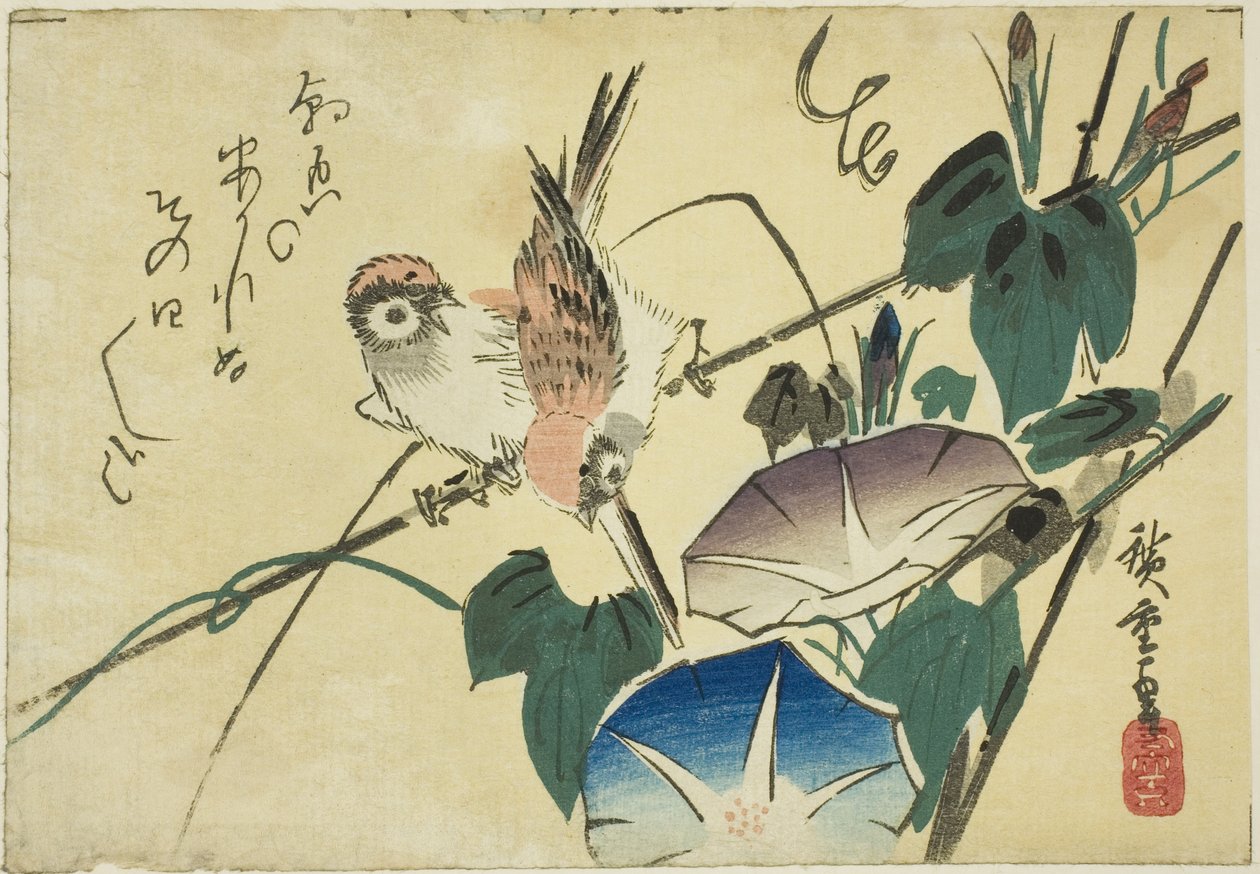Sparvar och morgonlov av Utagawa Hiroshige