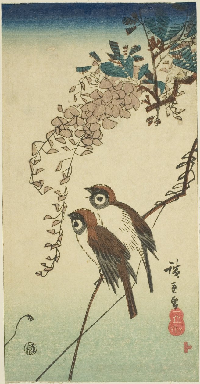 Sparvar och blåregn av Utagawa Hiroshige