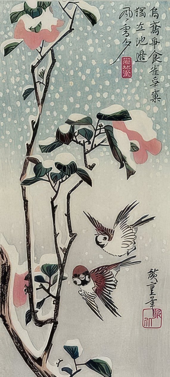 Sparvar och kamelia i snön av Utagawa Hiroshige