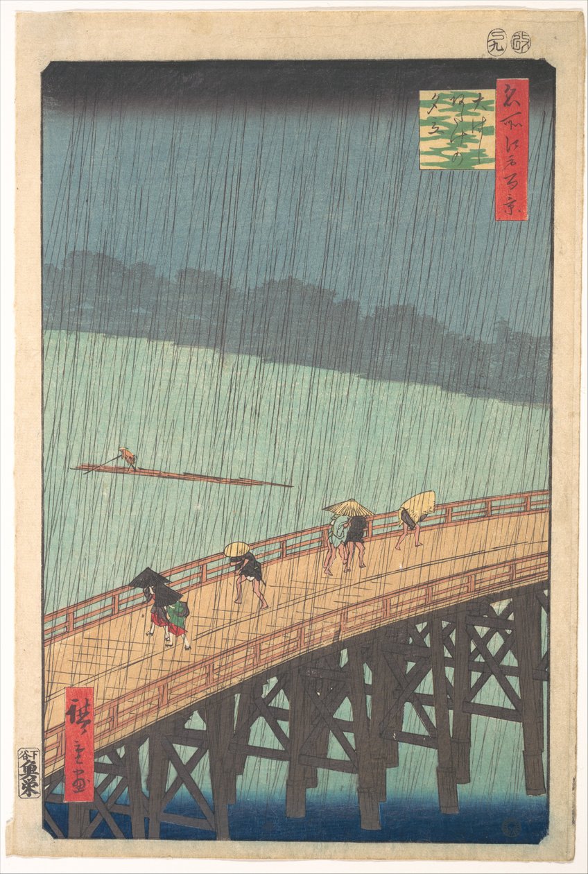 Plötsligt regn över Shin-Ōhashi-bron och Atake (Ōhashi Atake no yūdachi), ur serien ”Ett hundratal berömda vyer från Edo” (Meisho Edo hyakkei) av Utagawa Hiroshige
