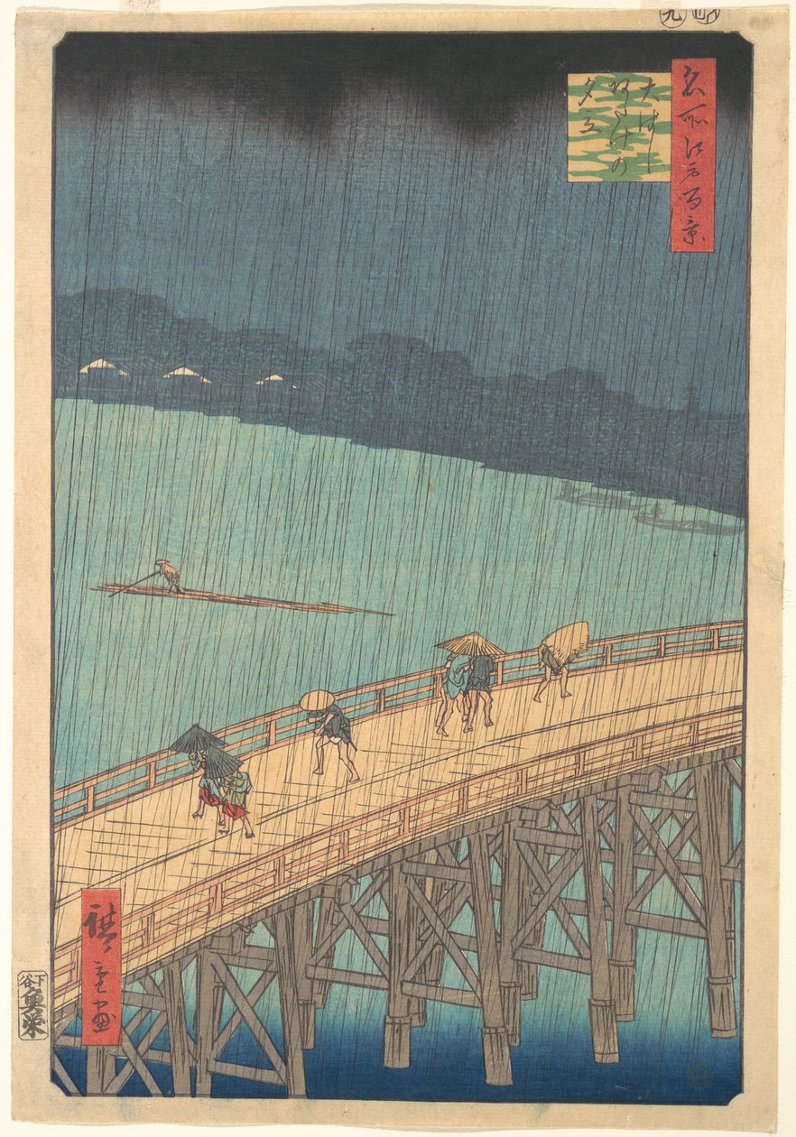 Plötslig regnskur över Shin-Ōhashi-bron och Atake, ur serien Hundra berömda vyer över Edo av Utagawa Hiroshige
