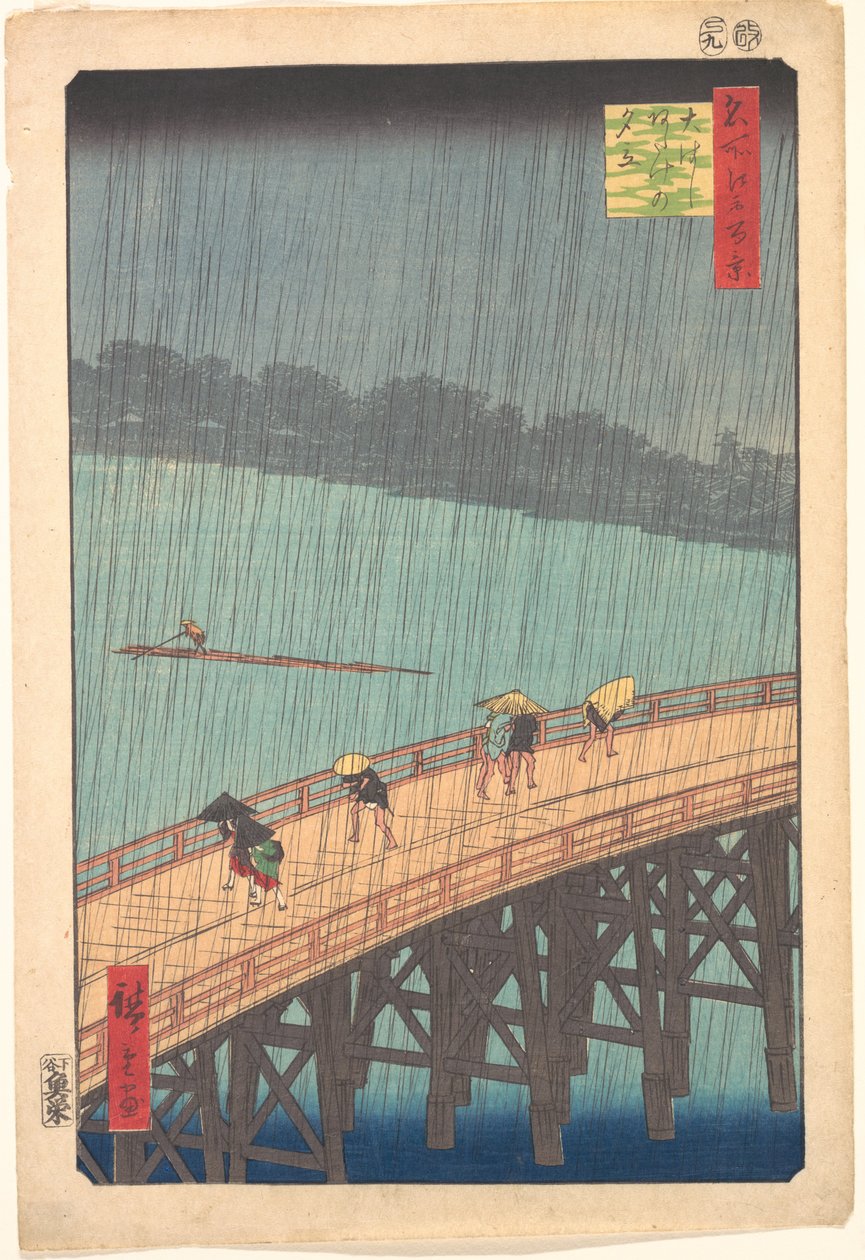 Plötsligt regn över Shin-Ōhashi-bron och Atake, ur serien Hundra berömda vyer över Edo av Utagawa Hiroshige