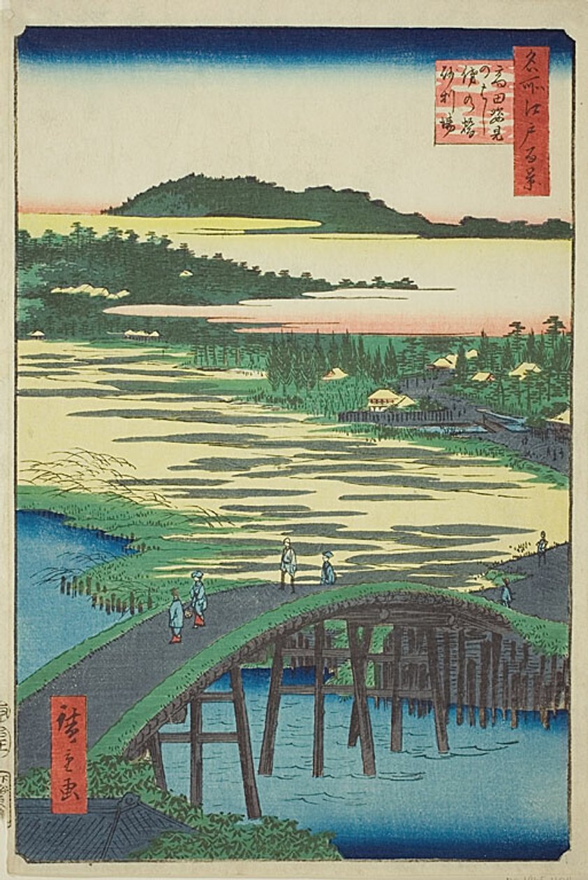 Sugatami Bridge, Omokage Bridge och grusgropen vid Takata (Takata Sugataminohashi Omokagenohashi jariba), nr 116 från serien "Hundra berömda vyer över Edo (Meisho Edo hyakkei)" av Utagawa Hiroshige